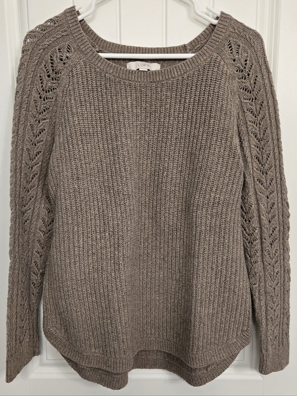 LOFT Taupe-Brown Cable Sleeve Crewneck Sweater